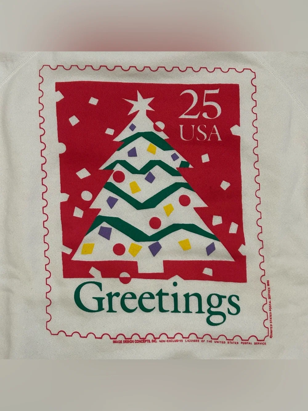 Vintage 1990 USPS Christmas Sweater  XL Christmas Tree 25 Cent Stamp Min Wear